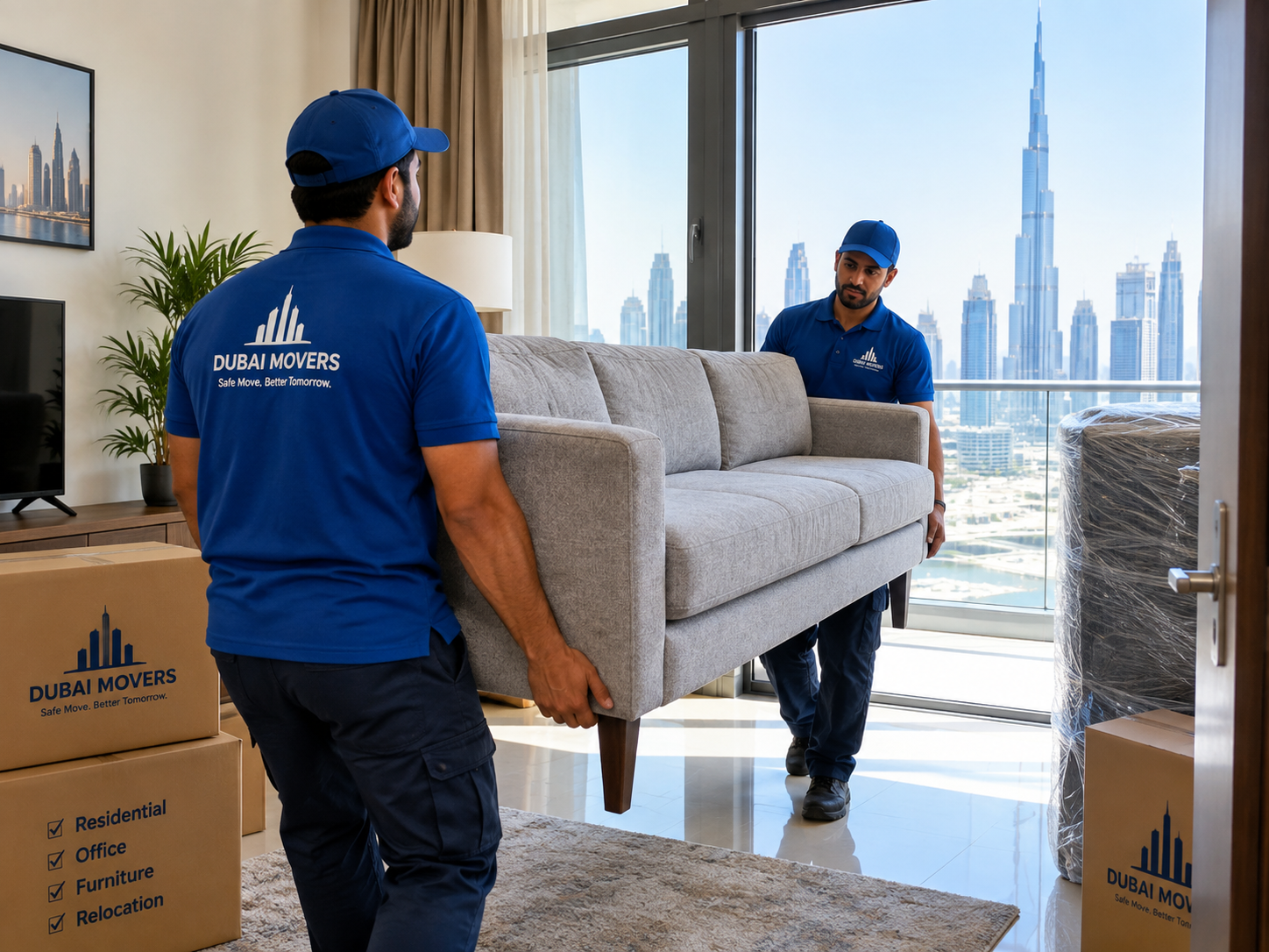 movers delivering furniture into a Dubai apartment