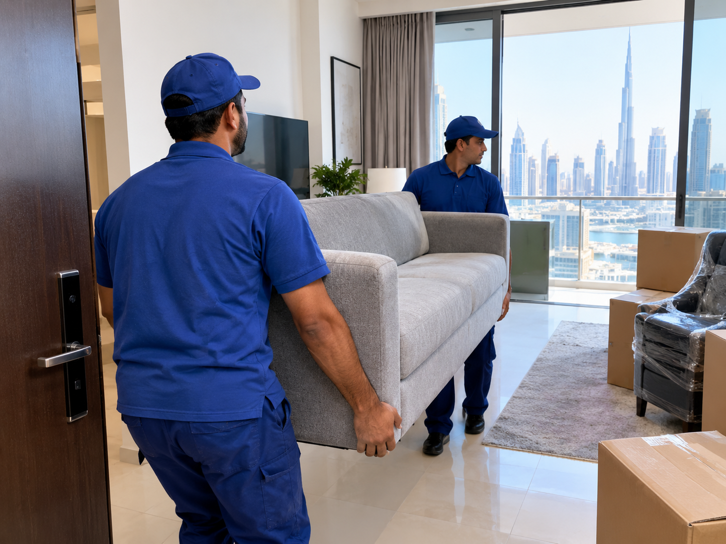 movers delivering furniture into a Dubai apartment